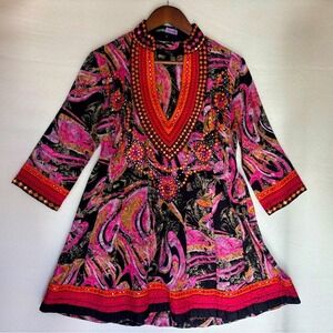 KEY LIME & PINK Sequined‎ Swim Coverup Beach Vacation Bohemian Sparkly V Neck